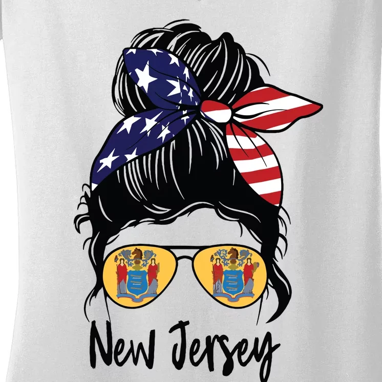 New Jersey Girl New Jersey Flag State Girlfriend Messy Bun Women's V-Neck T-Shirt