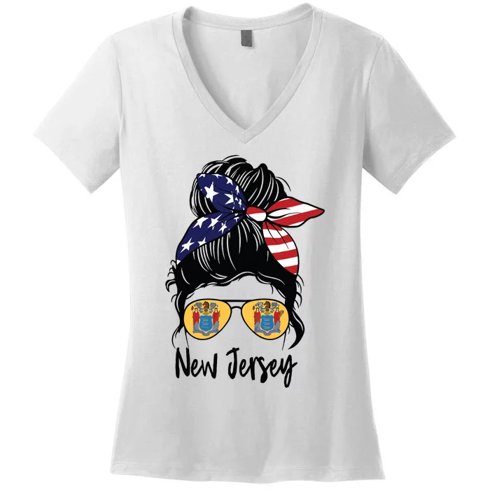 New Jersey Girl New Jersey Flag State Girlfriend Messy Bun Women's V-Neck T-Shirt