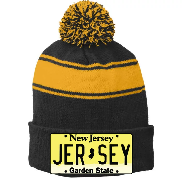 New Jersey Nj License Plate Classic Stripe Pom Pom Beanie