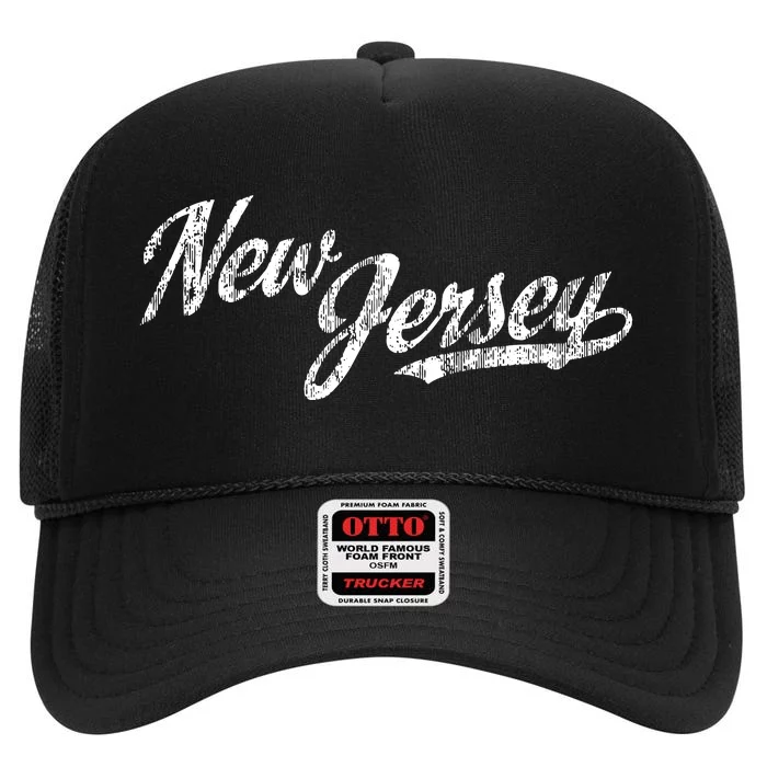 New Jersey Nj Vintage Sports Script Retro High Crown Mesh Trucker Hat