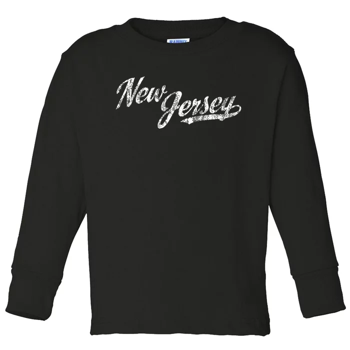 New Jersey Nj Vintage Sports Script Retro Toddler Long Sleeve Shirt