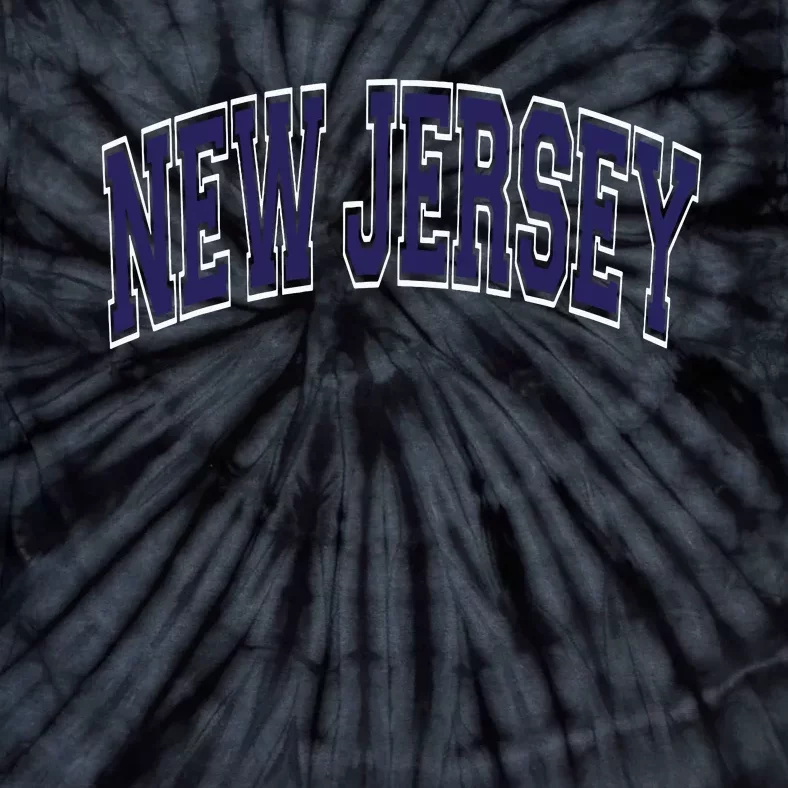 New Jersey Varsity Style Blue Text With White Outline Tie-Dye T-Shirt