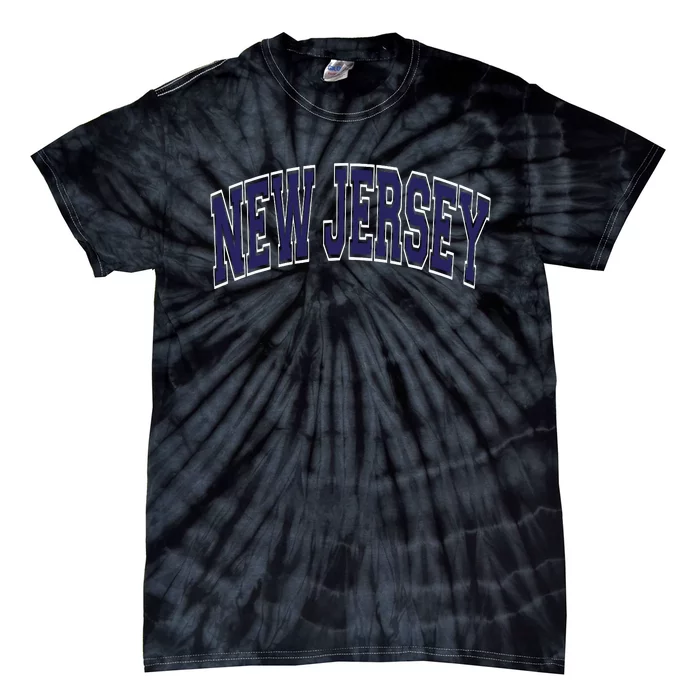 New Jersey Varsity Style Blue Text With White Outline Tie-Dye T-Shirt