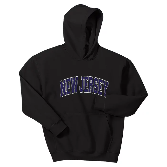 New Jersey Varsity Style Blue Text With White Outline Kids Hoodie