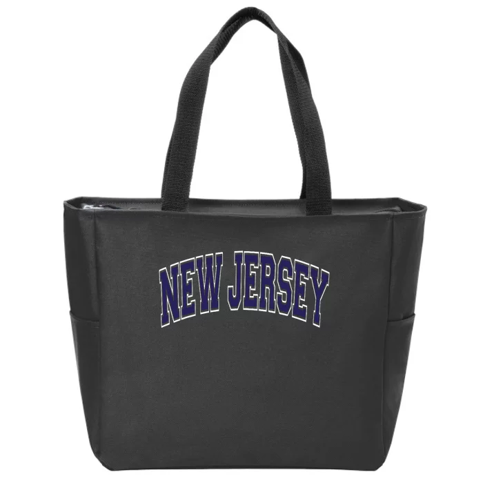 New Jersey Varsity Style Blue Text With White Outline Zip Tote Bag