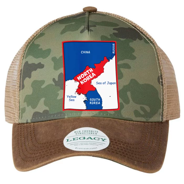 North Korea Map In Flag Colors. Surrounding Countries & Seas Legacy Tie Dye Trucker Hat