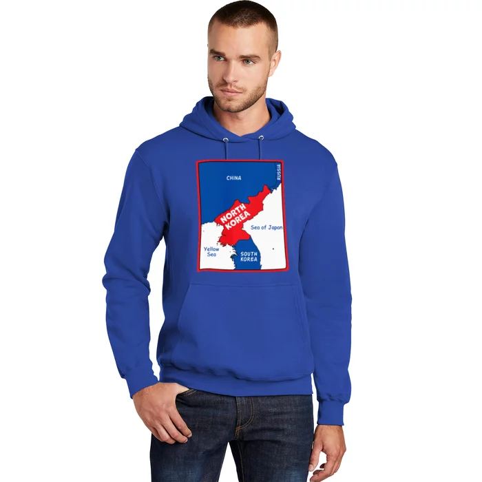 North Korea Map In Flag Colors. Surrounding Countries & Seas Hoodie