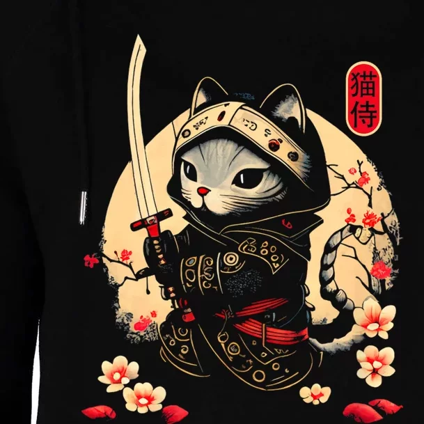 Ninja Kitten Warriors Japanese Samurai Cat Tattoo Kawaii Ninja Cat Womens Funnel Neck Pullover Hood