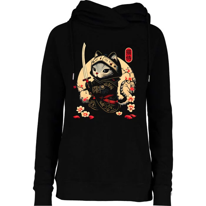 Ninja Kitten Warriors Japanese Samurai Cat Tattoo Kawaii Ninja Cat Womens Funnel Neck Pullover Hood