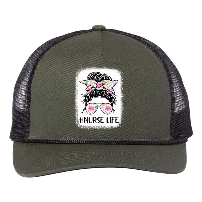 Nurse Life Bleached Gift Pink Flower Messy Bun Nurse Life Funny Gift Retro Rope Trucker Hat Cap