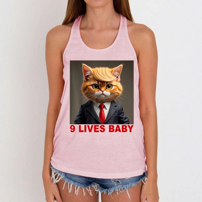 Nine Lives Baby Cat In Suite With Trump Hair Funny Women's Knotted Racerback Tank