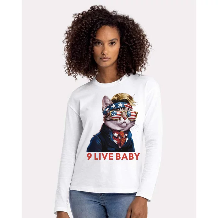 Nine Lives Baby Cat In Suite With Trump Hair American Flag Womens Cotton Relaxed Long Sleeve T-Shirt