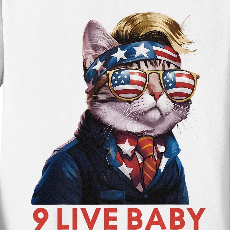 Nine Lives Baby Cat In Suite With Trump Hair American Flag Kids Long Sleeve Shirt