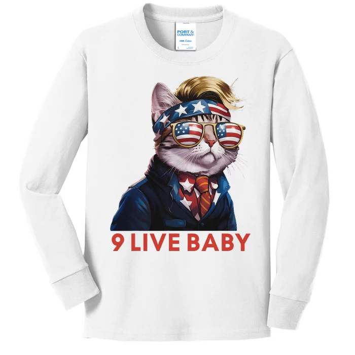 Nine Lives Baby Cat In Suite With Trump Hair American Flag Kids Long Sleeve Shirt