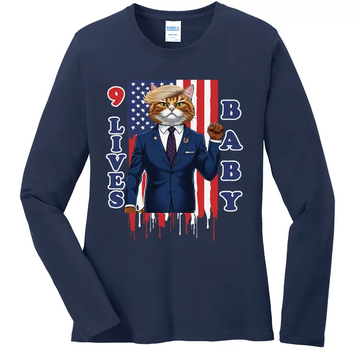 Nine Lives Baby Cat In Suite With Trump Hair Ladies Long Sleeve Shirt