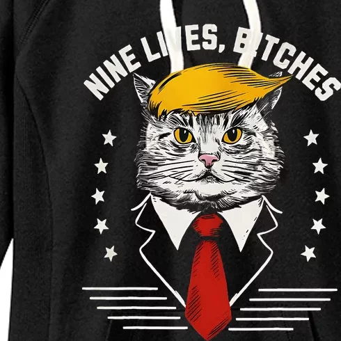 Nine Lives Bitches Funny Cat Political Satire Election 2024 Women's Fleece Hoodie