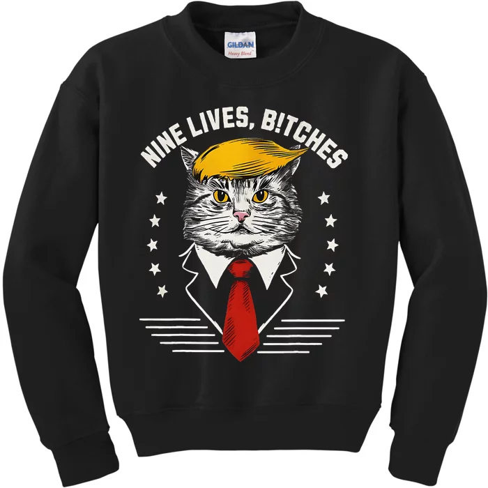 Nine Lives Bitches Funny Cat Political Satire Election 2024 Kids Sweatshirt