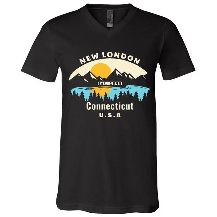 New London Connecticut Souvenir Mountain Sunset River V-Neck T-Shirt