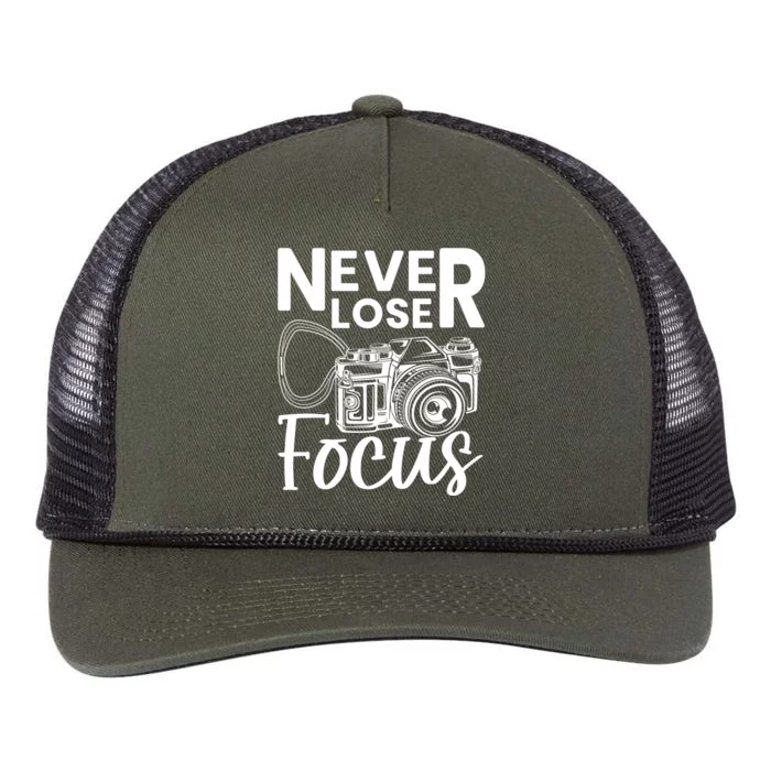 Never Lose Focus Photography Camera Lover Funny Photographer Funny Gift Retro Rope Trucker Hat Cap