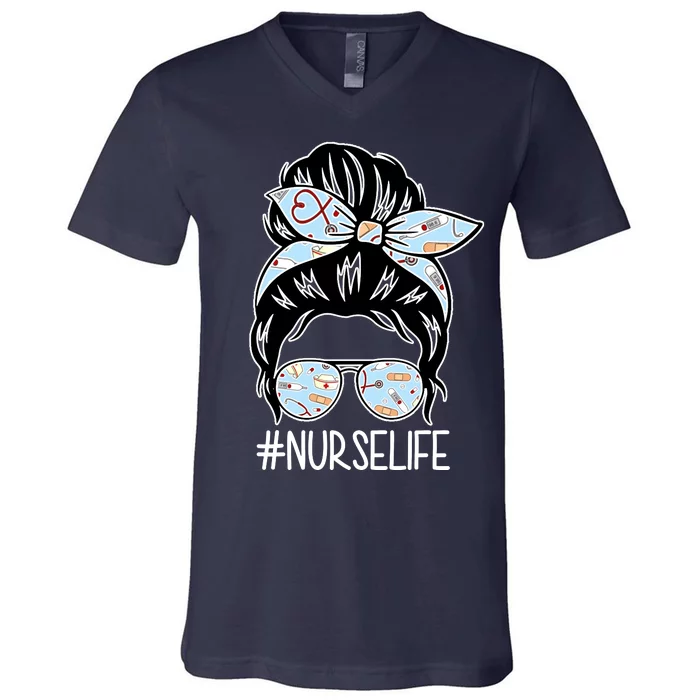 Nurse Life Female Bun V-Neck T-Shirt