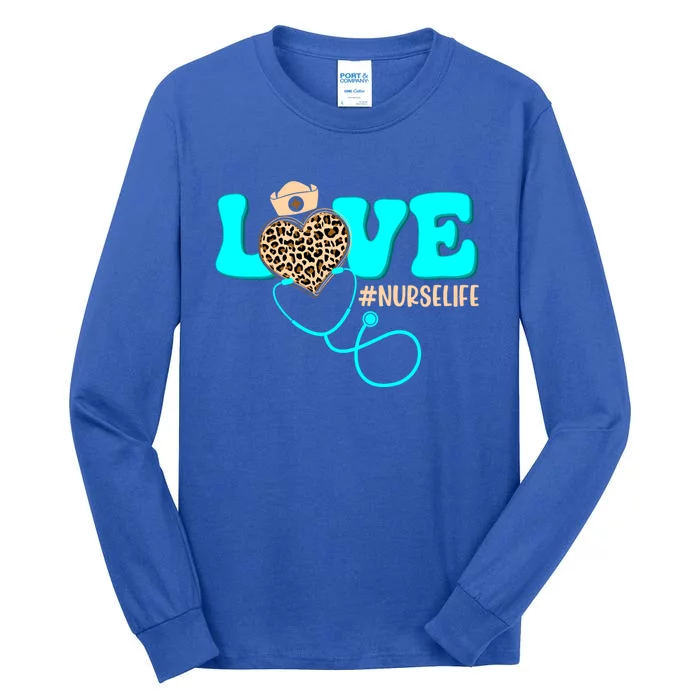 Nurse Life Heartbeat Leopard Mothers Day Love Stethoscope Cool Gift Tall Long Sleeve T-Shirt