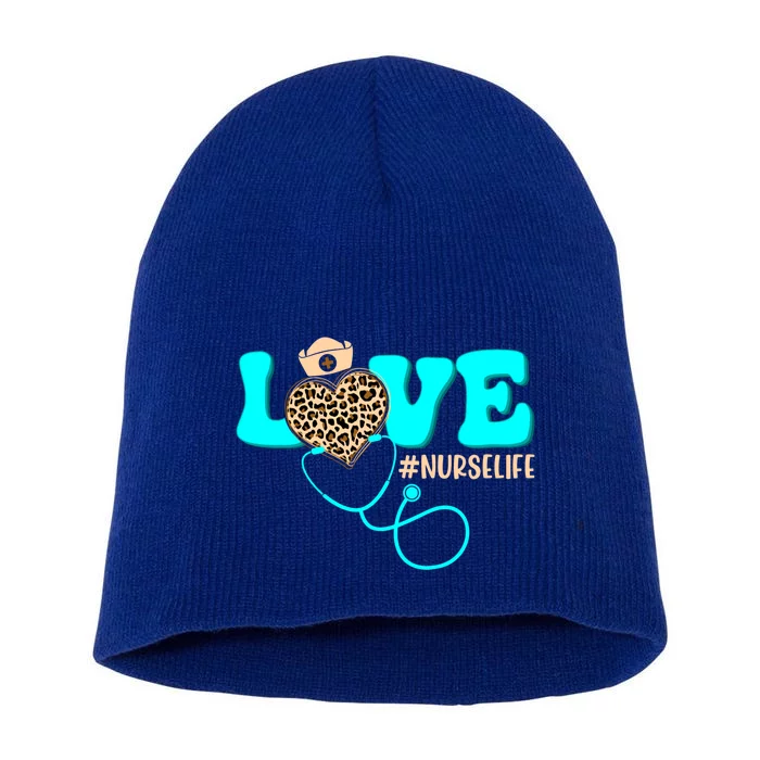 Nurse Life Heartbeat Leopard Mothers Day Love Stethoscope Cool Gift Short Acrylic Beanie