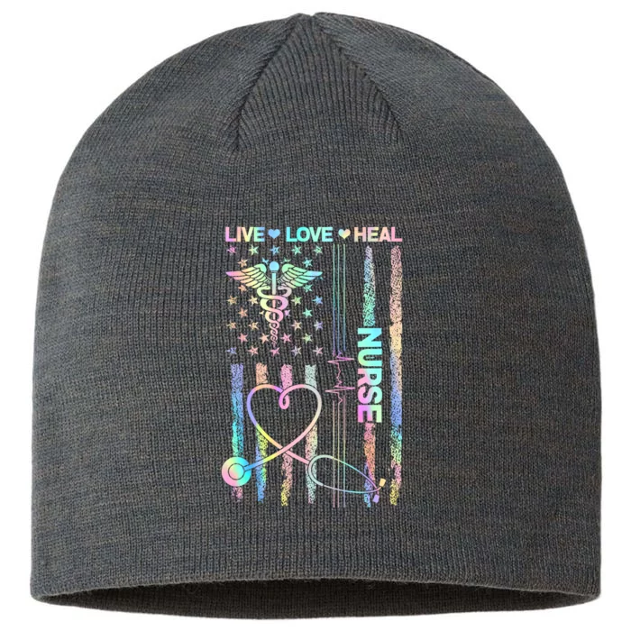 Nurse Live Love Heal Colorful USA Flag 8 1/2in Sustainable Knit Beanie