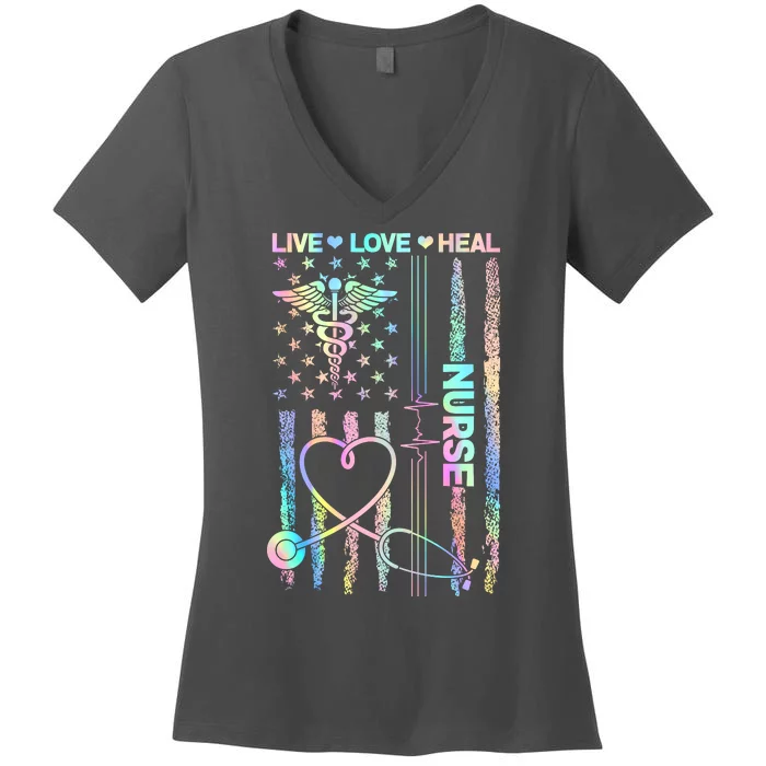 Nurse Live Love Heal Colorful USA Flag Women's V-Neck T-Shirt