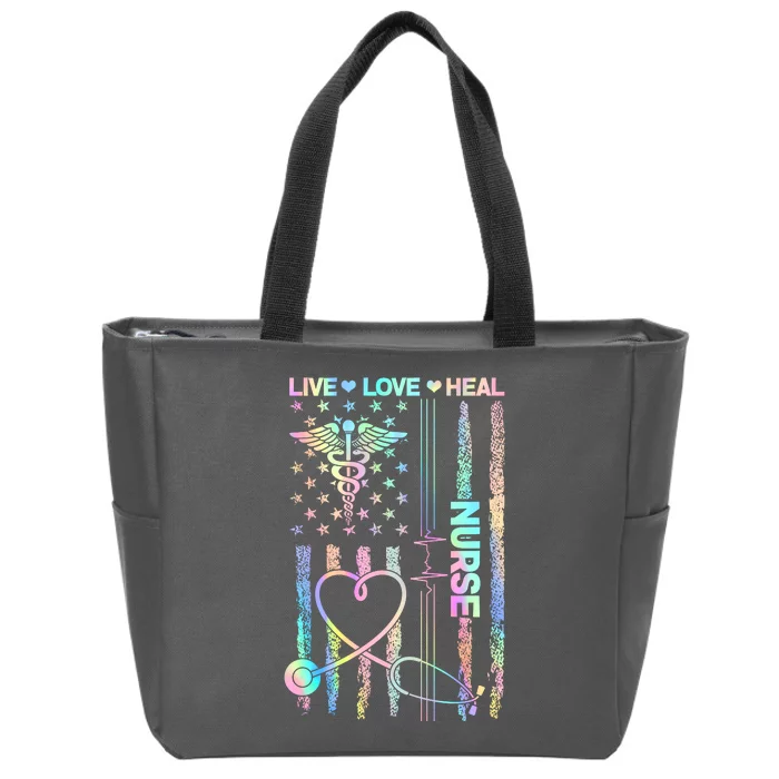 Nurse Live Love Heal Colorful USA Flag Zip Tote Bag