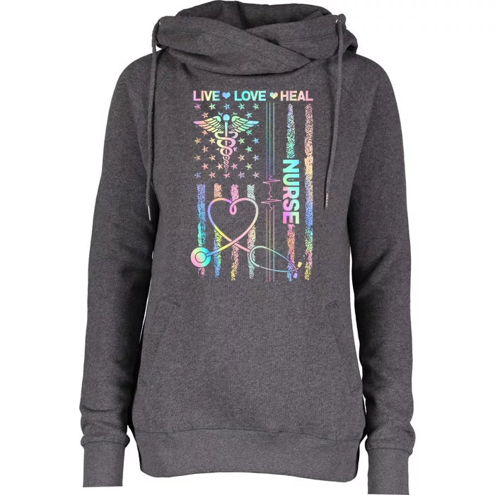 Nurse Live Love Heal Colorful USA Flag Womens Funnel Neck Pullover Hood