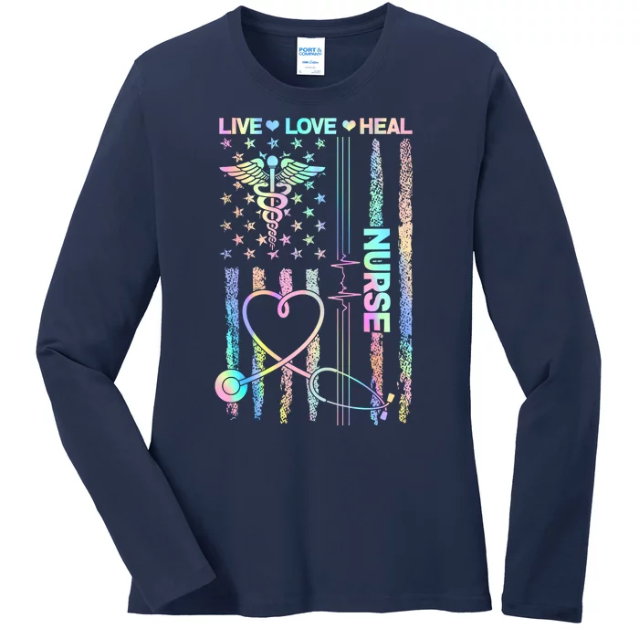 Nurse Live Love Heal Colorful USA Flag Ladies Long Sleeve Shirt