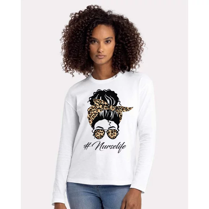 Nurse Life Leopard Messy Bun Hair Glasses Women Nurse Womens Cotton Relaxed Long Sleeve T-Shirt