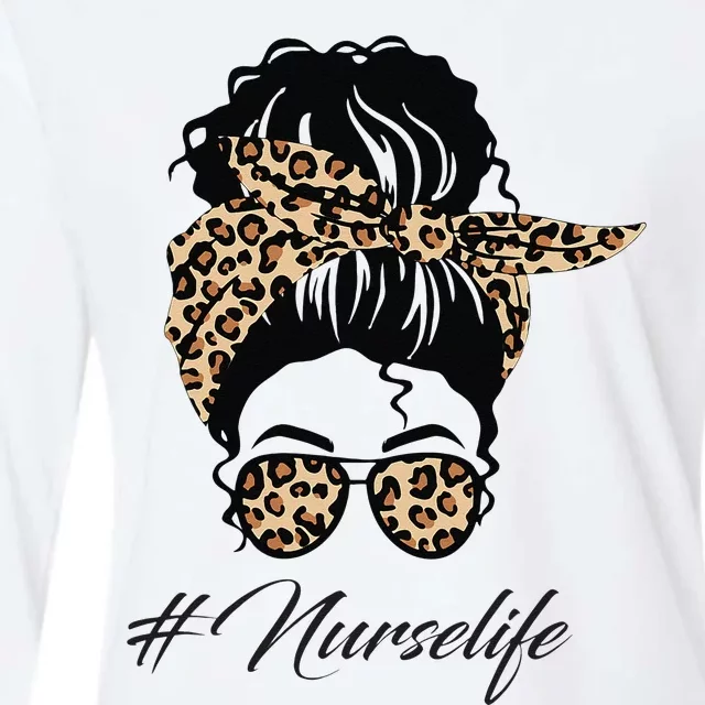 Nurse Life Leopard Messy Bun Hair Glasses Women Nurse Womens Cotton Relaxed Long Sleeve T-Shirt