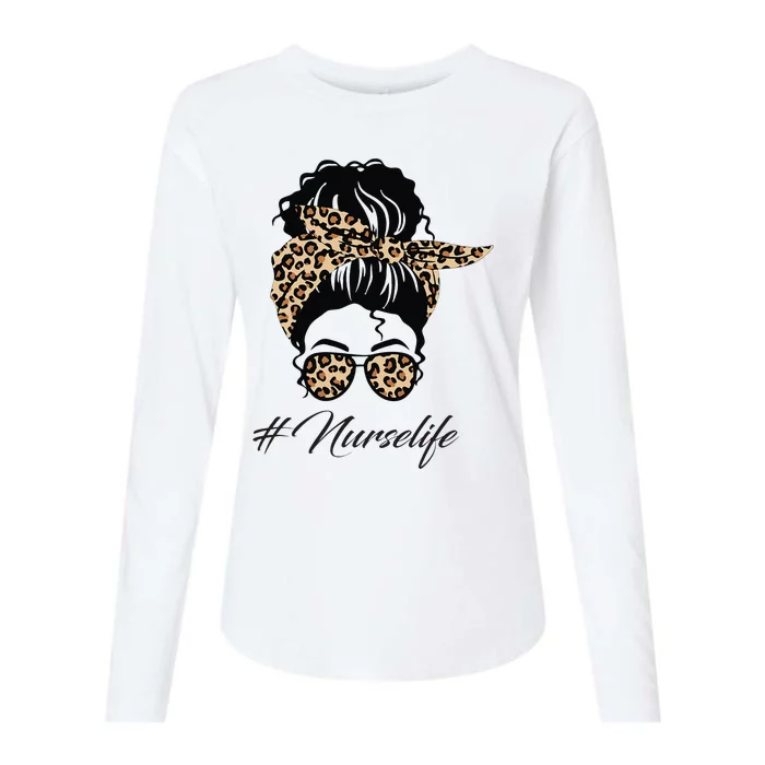 Nurse Life Leopard Messy Bun Hair Glasses Women Nurse Womens Cotton Relaxed Long Sleeve T-Shirt