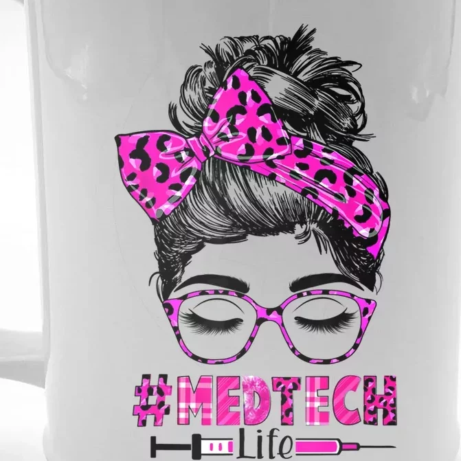 Nurse Life Med Tech Life Messy Bun Leopard Nurse Day Gift Front & Back Beer Stein