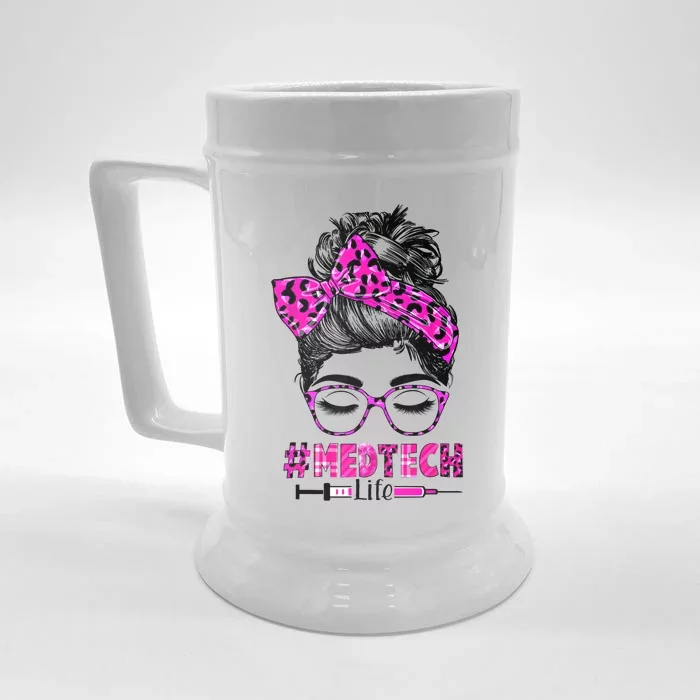 Nurse Life Med Tech Life Messy Bun Leopard Nurse Day Gift Front & Back Beer Stein