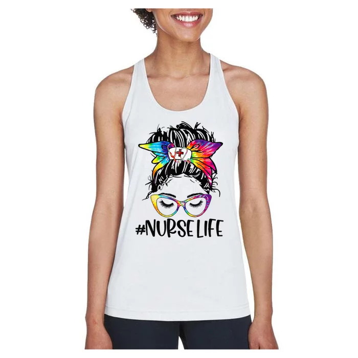 Nurse Life Messy Bun Tie Dye Glasses Bandana Vintage Women's Racerback Tank