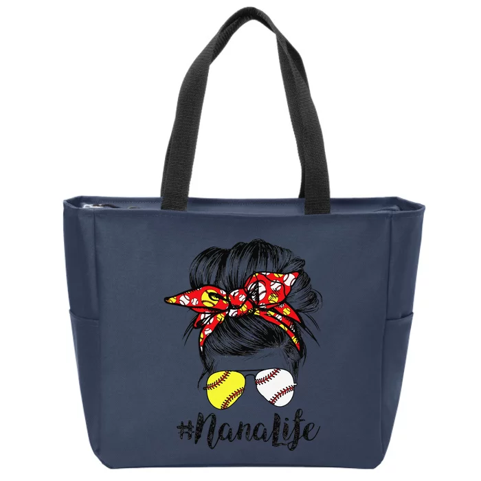 Nana Life Messy Bun Hair Softball Baseball Mother's Day Zip Tote Bag