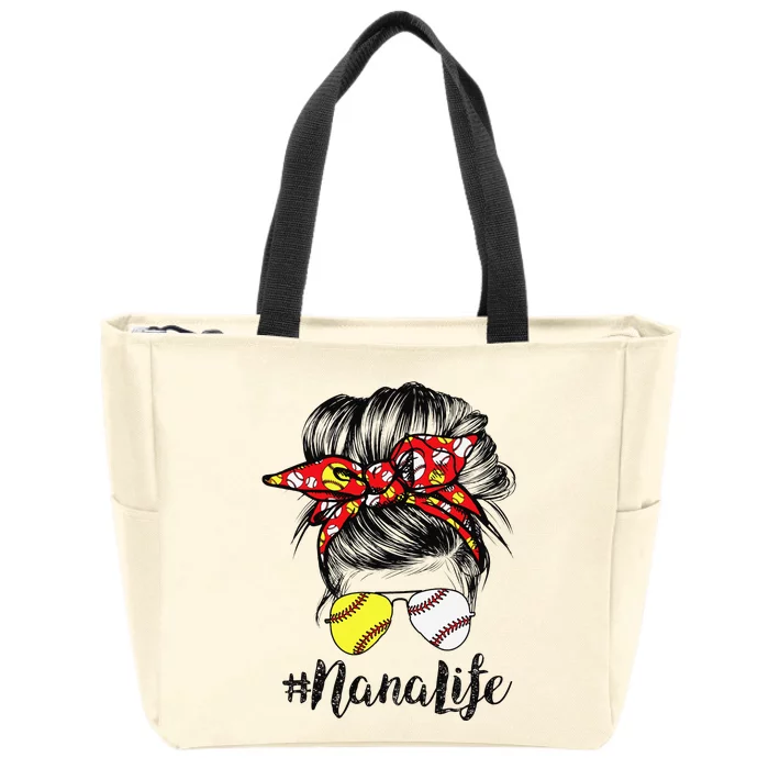 Nana Life Messy Bun Hair Softball Baseball Mother's Day Zip Tote Bag