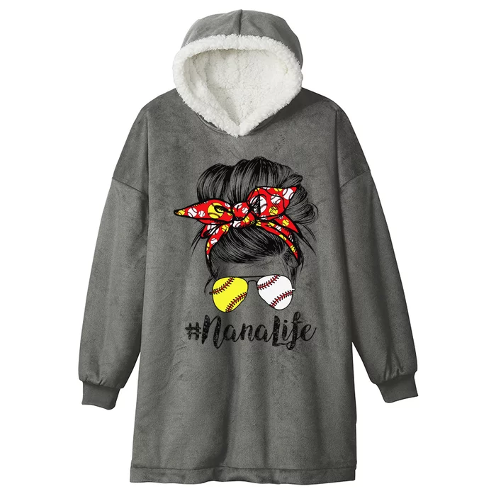 Nana Life Messy Bun Hair Softball Baseball Mother's Day Hooded Wearable Blanket