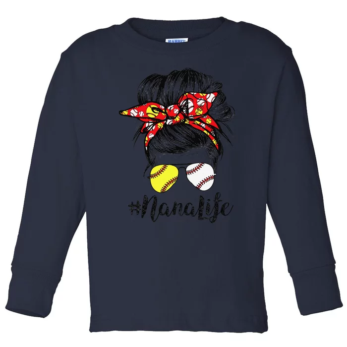 Nana Life Messy Bun Hair Softball Baseball Mother's Day Toddler Long Sleeve Shirt