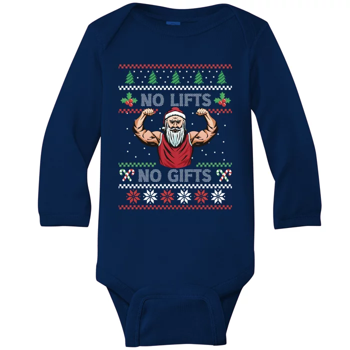 No Lifts No Funny Gift Funny Santa Fitness Ugly Sweater Gift Baby Long Sleeve Bodysuit