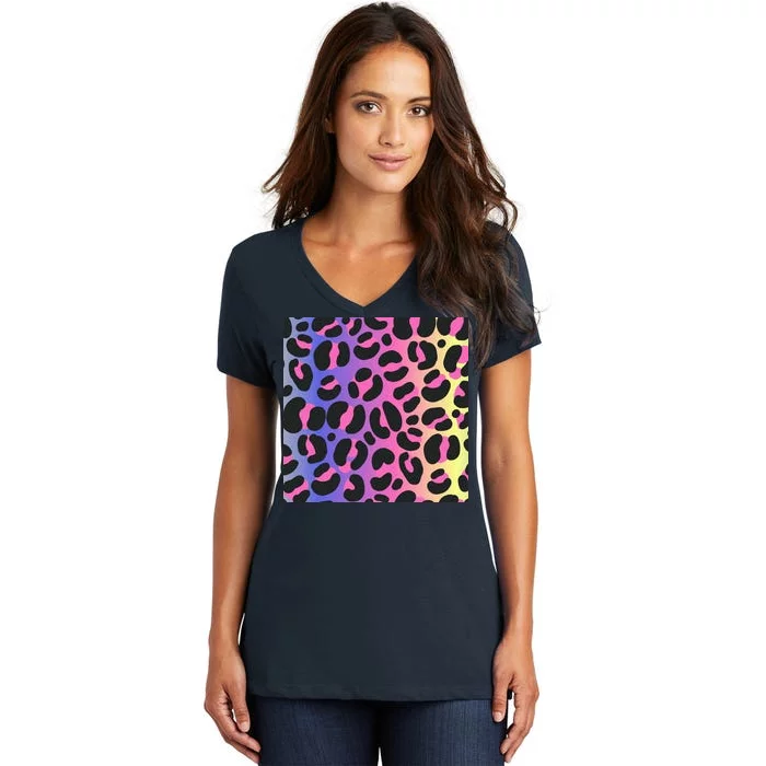 Neon Leopard Pattern Women's V-Neck T-Shirt