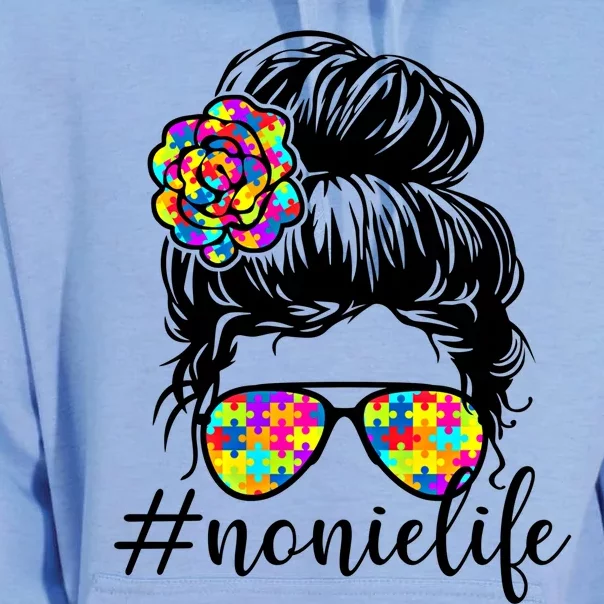 Noni Life Puzzle Autism Awareness Messy Bun Autistic Support Cool Gift Unisex Surf Hoodie