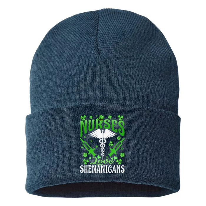 Nurses Love Shenanigans Funny St Patrick's Day Nursing Funny Sustainable Knit Beanie