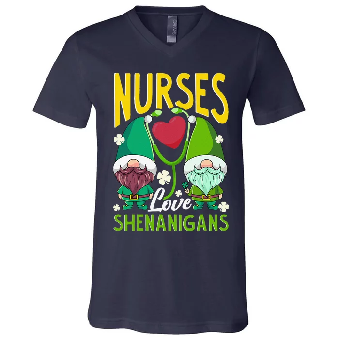 Nurses Love Shenanigans Gnome St Patricks Day Nurse Funny V-Neck T-Shirt