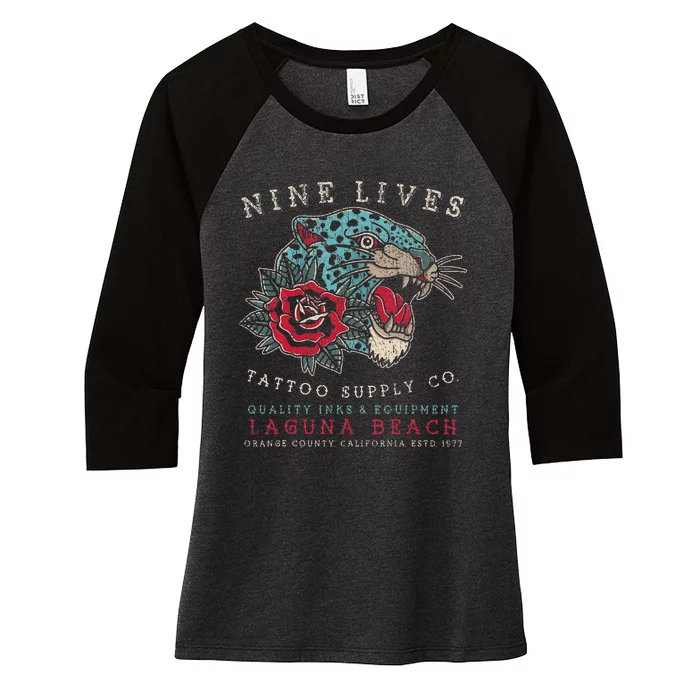 Nine Lives Tattoo Supply Co Old School Panther Laguna Beach Women's Tri-Blend 3/4-Sleeve Raglan Shirt