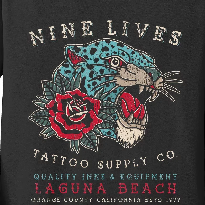 Nine Lives Tattoo Supply Co Old School Panther Laguna Beach Kids Long Sleeve Shirt