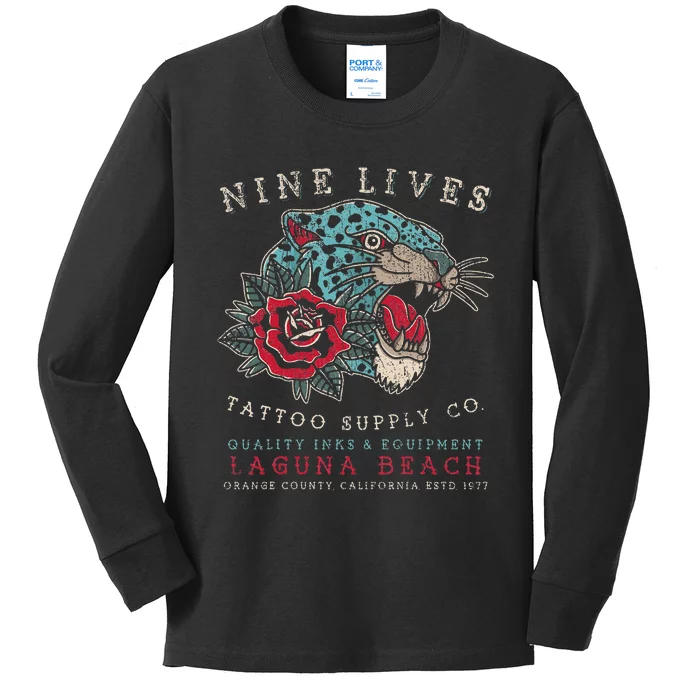 Nine Lives Tattoo Supply Co Old School Panther Laguna Beach Kids Long Sleeve Shirt