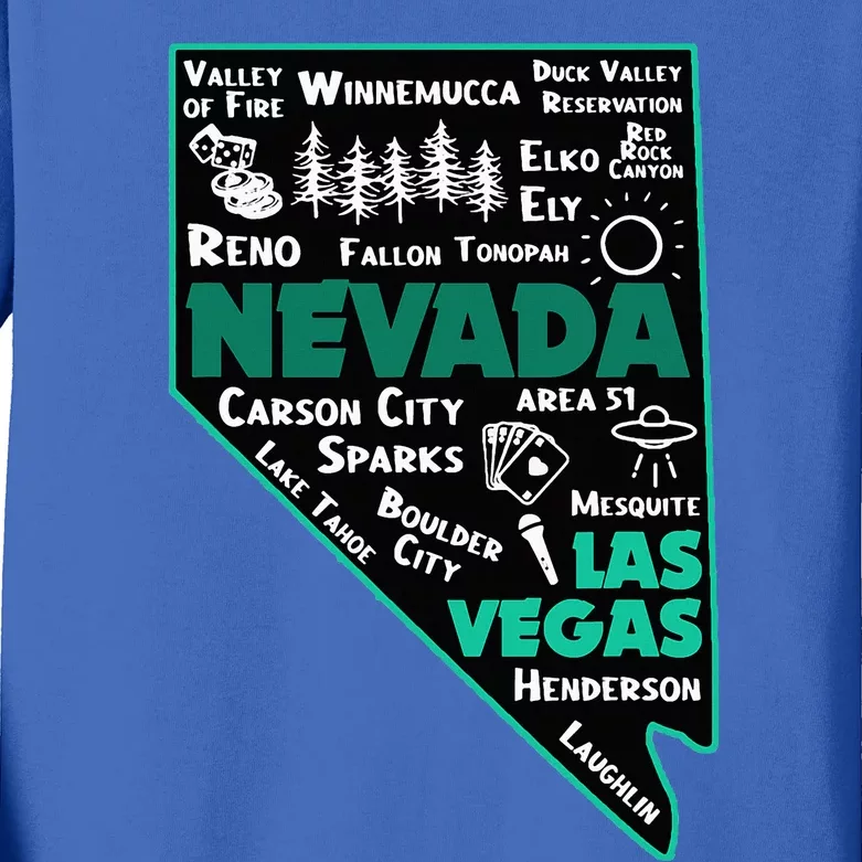 Nevada Las Vegas Map Winnemucca Reno Elko Ely Carson City Kids Long Sleeve Shirt